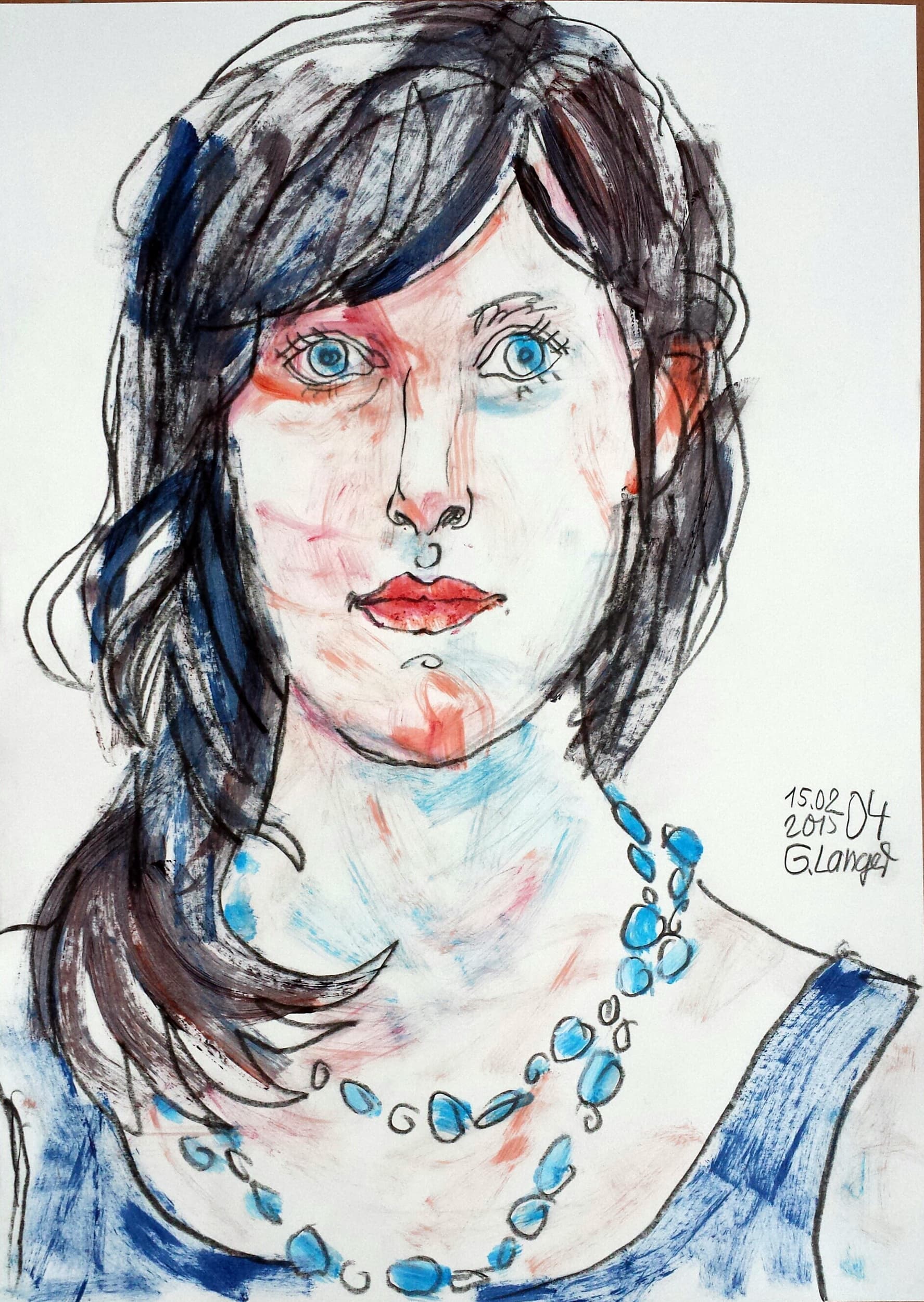 Gunter Langer, Portrait einer Frau mit blauem Kleid  und blauer Halskette, 2015, Acryl Wasserfarbe Bleistift, Karton, 59 x 42 cm